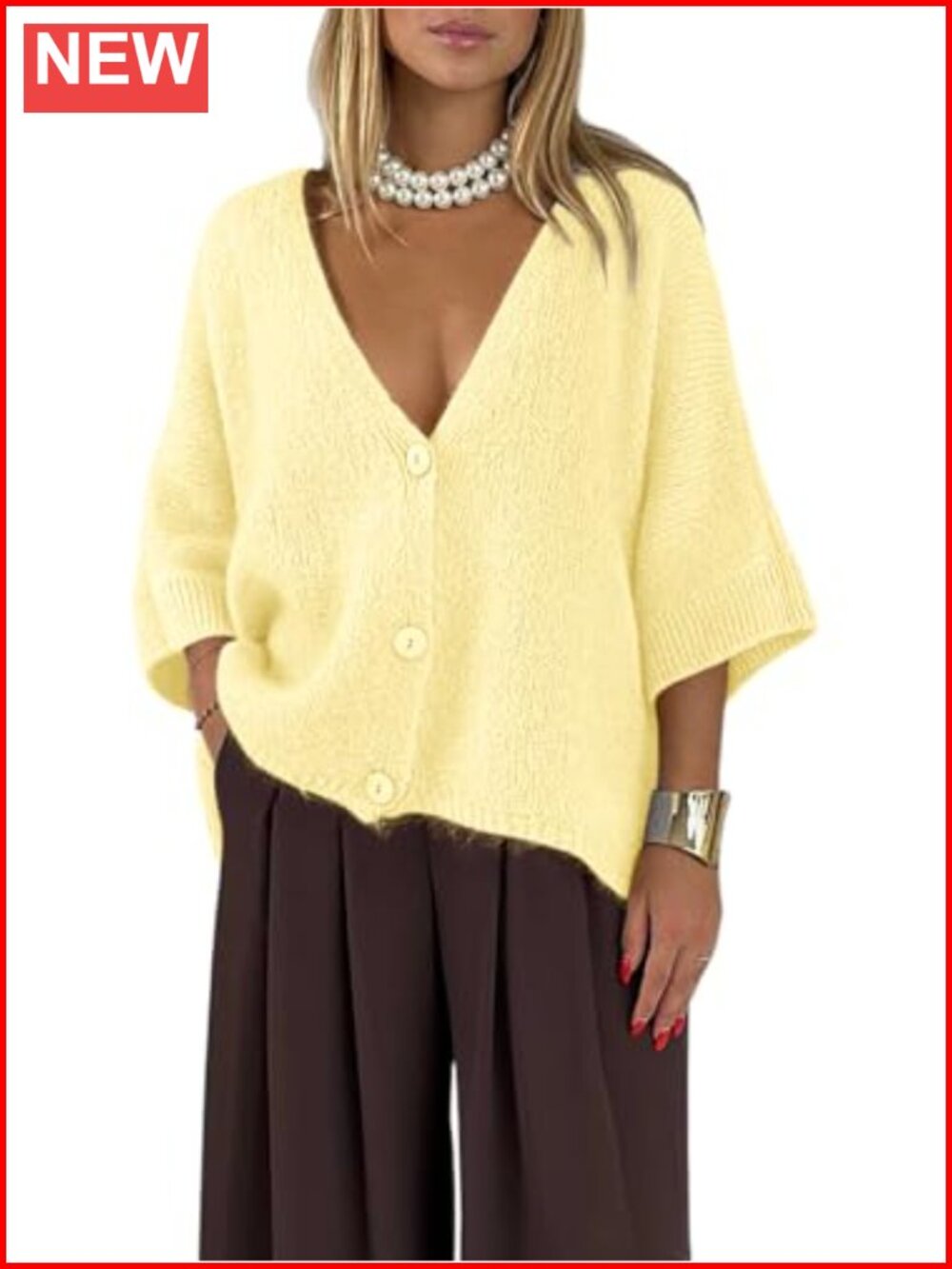 Oversized Short Sleeve Button Up V Neck Knit Cardigan Sweater